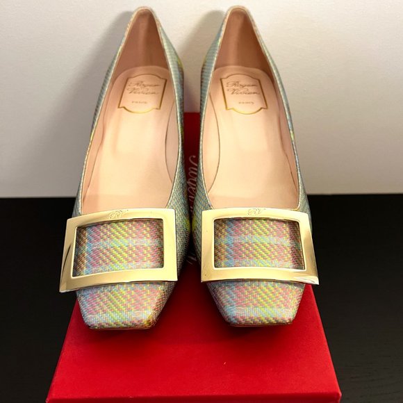 Roger Vivier Trompette Tartan Buckle Square-Toe Pumps In Pink Pattern - Size 9 - Picture 5 of 6